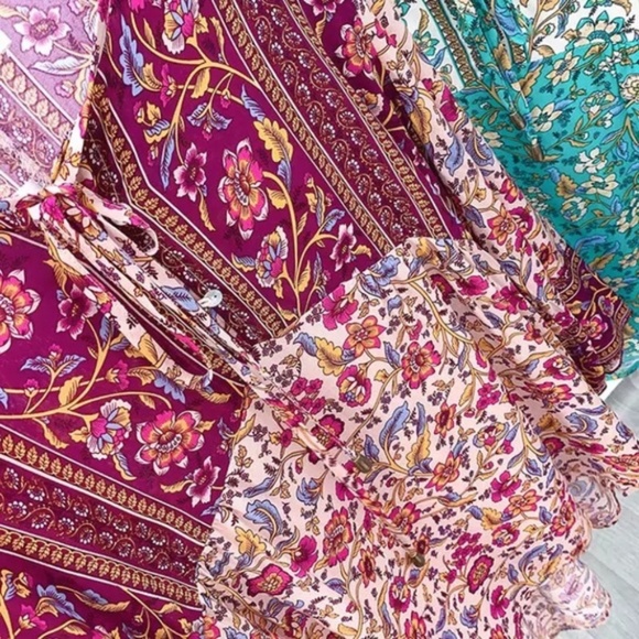 Maroon Multi Color Bohemian Floral Button Neck 3/4 Sleeve Blouse Top w/ Tie - Picture 5 of 11